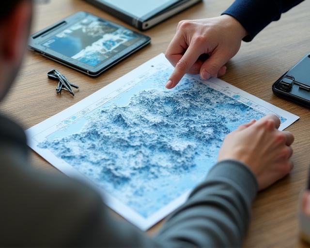 Un Travel Designer di Glacial Horizons che pianifica un itinerario personalizzato su una mappa alpina